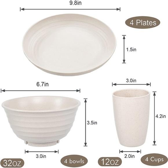 12pcs Wheat Straw Dinnerware Sets, Wheat Straw Plates and Bowls Sets - Picture 2 of 6